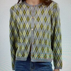 Argyle Patterned Cardigan Sweater - Chartreuse and Gray Large